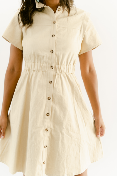 beige denim shirt dress River Island short sleeve denim shirt dress in ecru