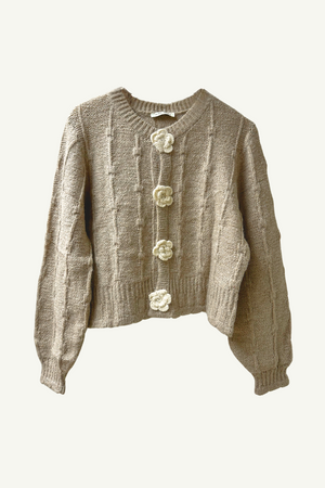 Flower Button Knit Sweater Cardigan- Mocha