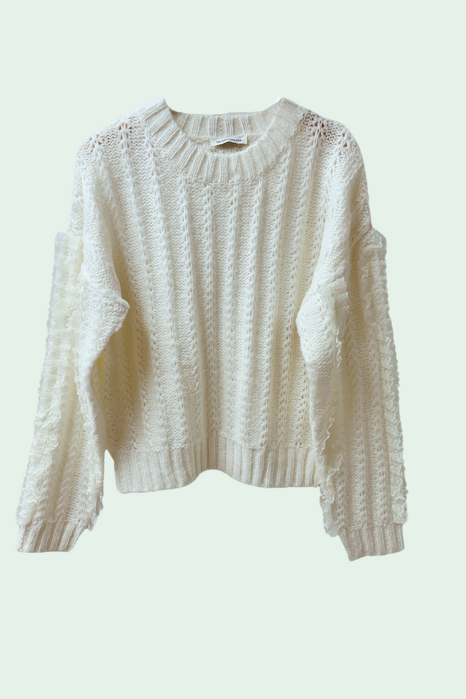 Lace Trim Oversized Knit Sweater Top- Cream