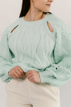 Shoulder Slit Cable Knit Sweater- Icy Blue