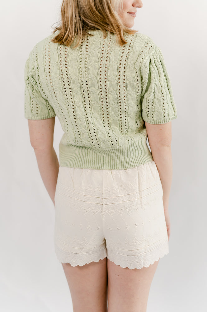 Cable Knit Puff Sleeve Cardigan- Green