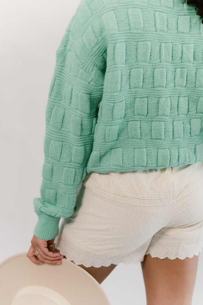 Woven Checkered Pullover Sweater- Teal