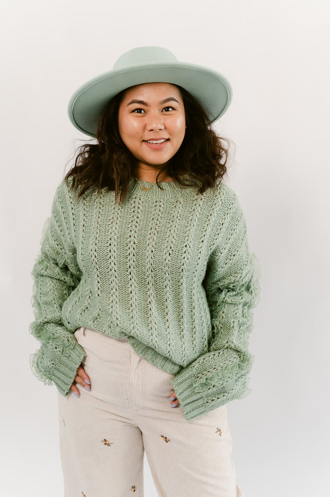 Lace Trim Oversized Knit Sweater Top- Green