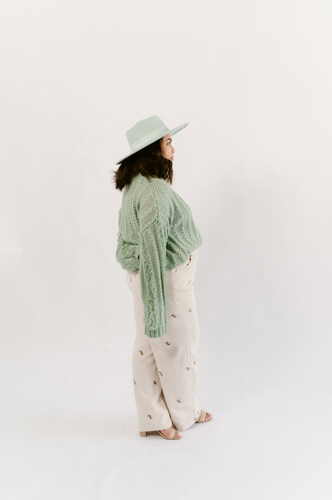 Lace Trim Oversized Knit Sweater Top- Green