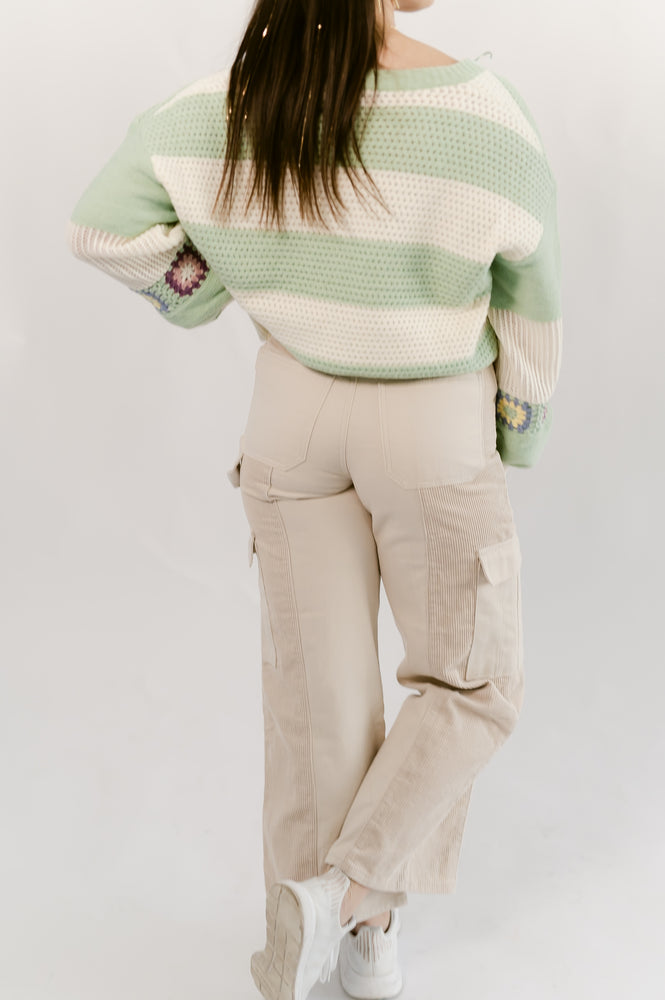 Stripe Cardigan with Crochet Sleeve- Mint