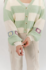 Stripe Cardigan with Crochet Sleeve- Mint