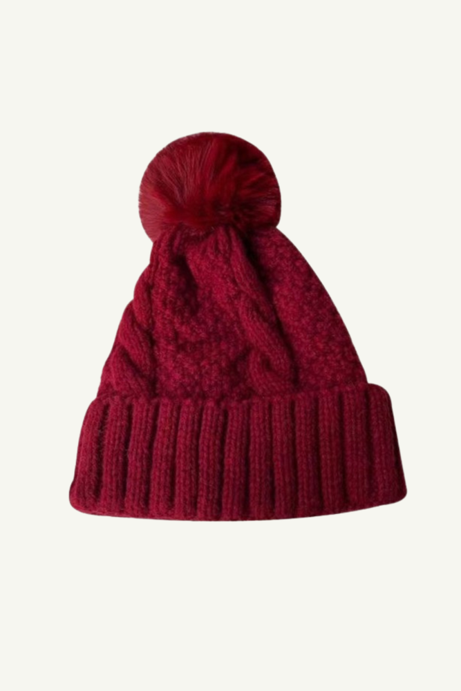 Solid Pom-pom Fleece-lined Knit Beanie- 2 COLORS