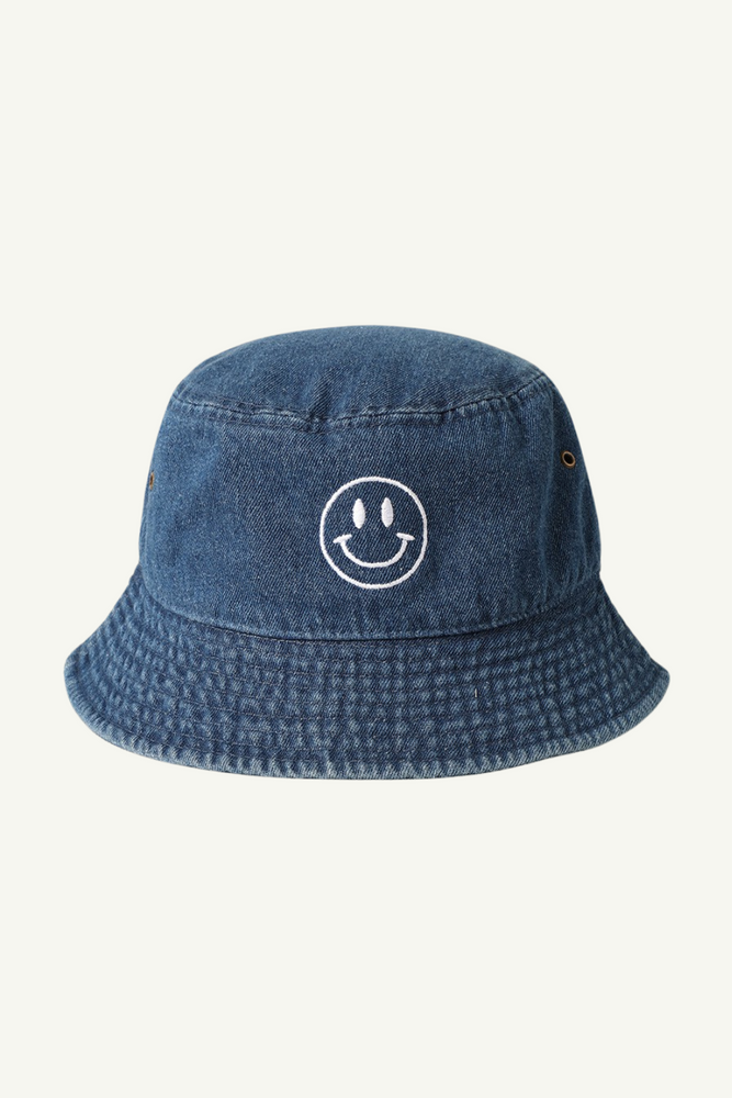 Happy Face Embroidered Denim Bucket Hat