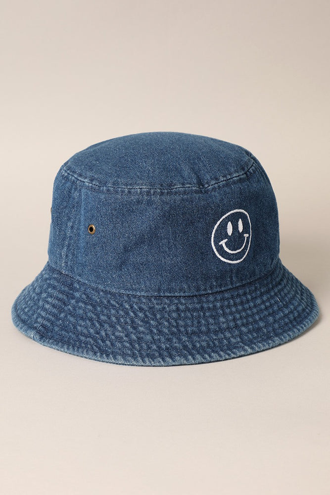 Happy Face Embroidered Denim Bucket Hat