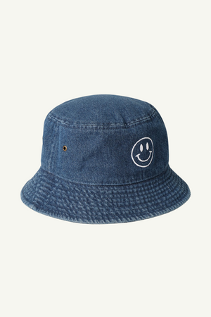 Happy Face Embroidered Denim Bucket Hat