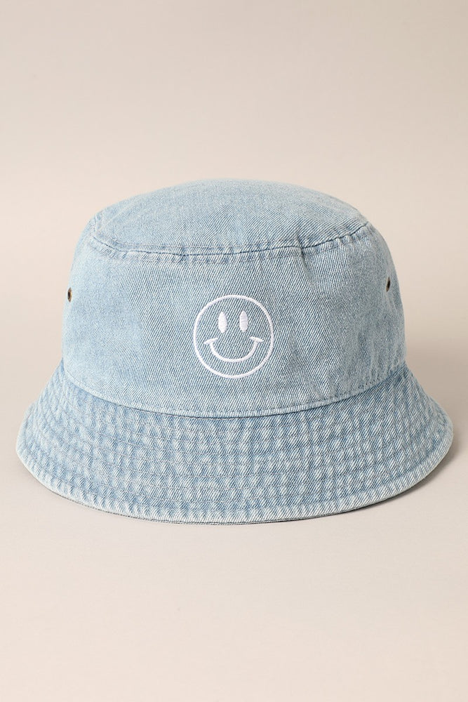 Happy Face Embroidered Denim Bucket Hat