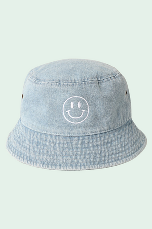 Happy Face Embroidered Denim Bucket Hat