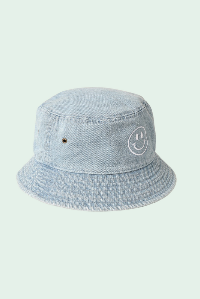 Happy Face Embroidered Denim Bucket Hat