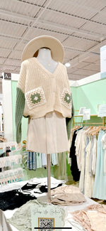 Knit Two-Tone Cardigan- Flower Blocks- Olive