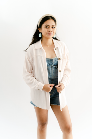 Ribbed Lightweight Button Jacket- Pale Pink