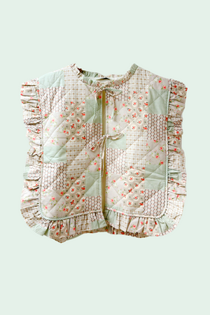 Ruffle Trim Patchwork Quilted Vest- Taupe/Mint