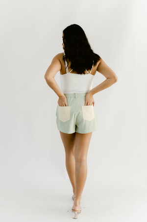 Color Block Twill Shorts- Cream Sage