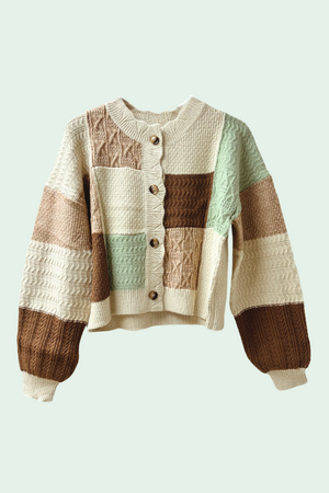 Color Block Button Down Knit Sweater- Oatmeal