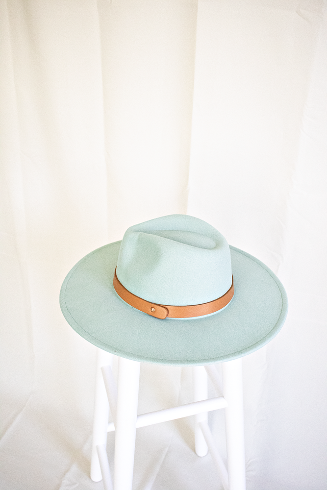 Wide Brim Panama Hat- Mint with Tan Belt