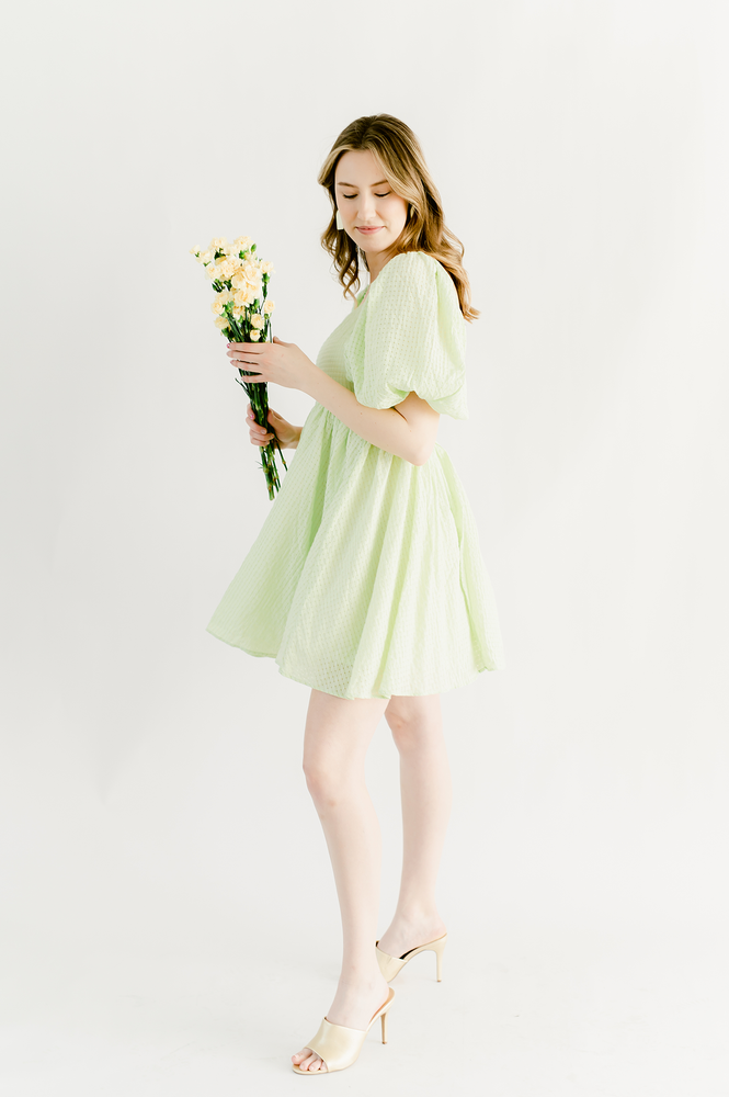 Key Lime Puff Sleeve Babydoll Dress Large