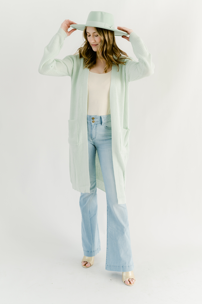 Mint Knit Long Cardigan with Pockets