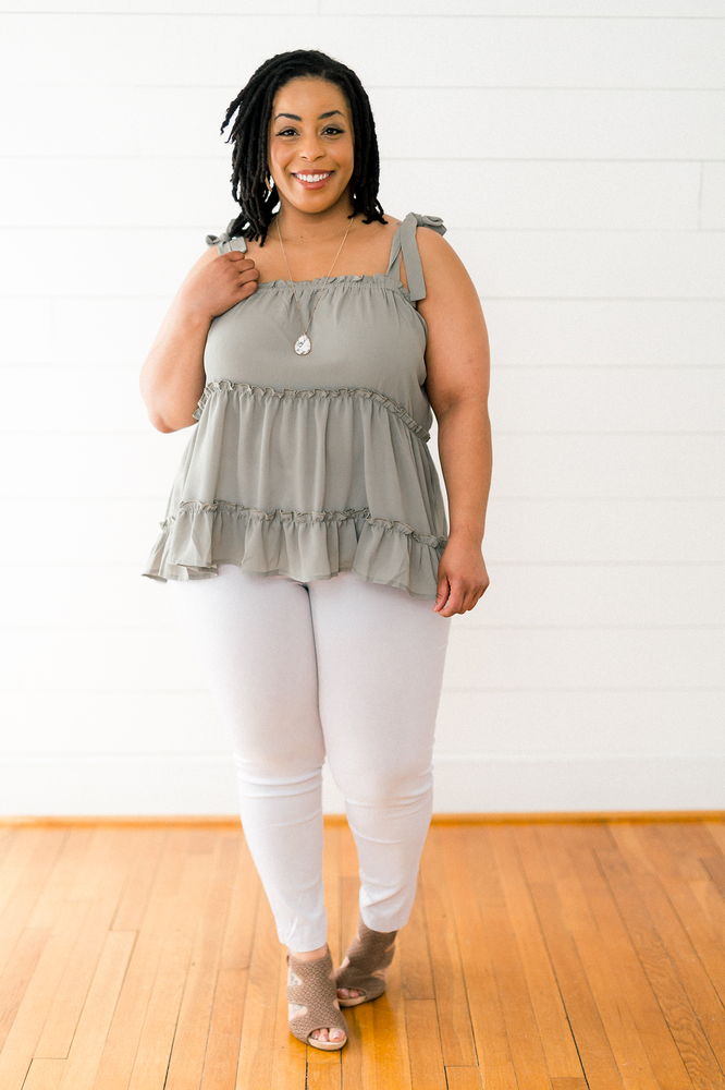 The Amelfa Karletta- Sage Woven Tiered Top with Tie Shoulder Strap PLUS SIZE
