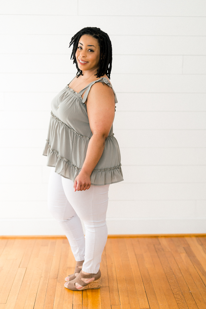 The Amelfa Karletta- Sage Woven Tiered Top with Tie Shoulder Strap PLUS SIZE