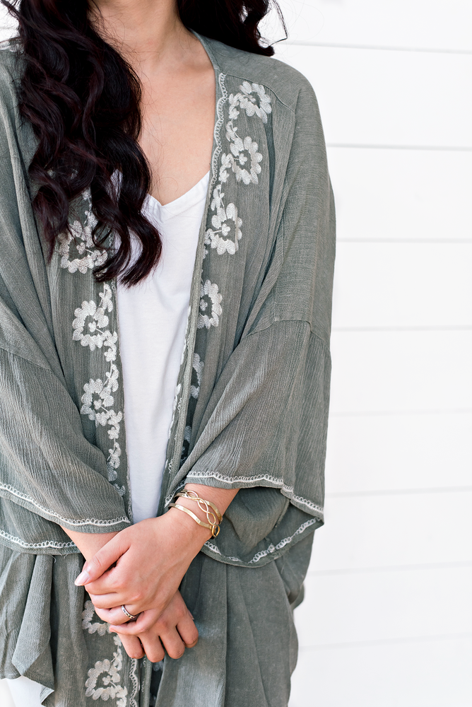 The Caitlin Antje- Sage Embroidered Kimono Jacket With Front Tie