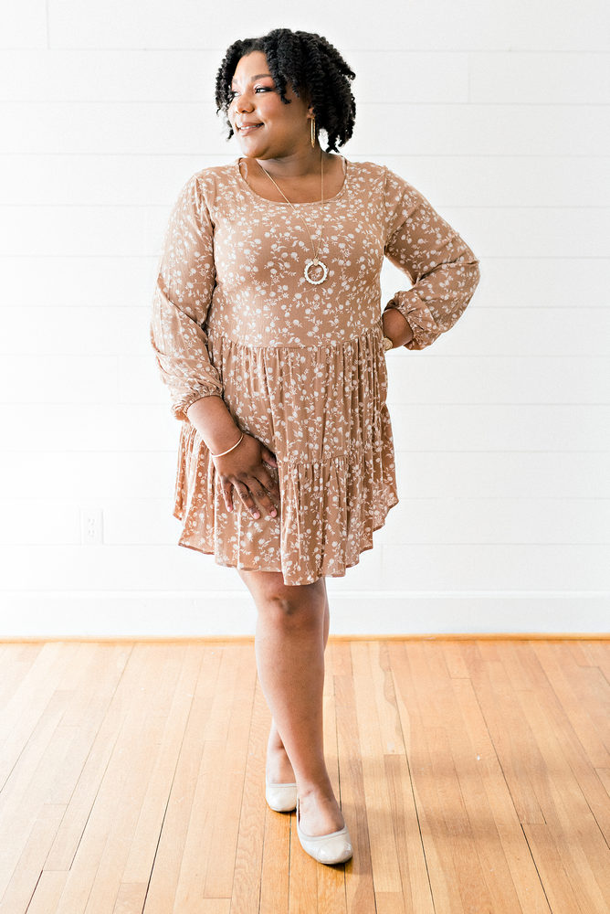 The Cynthia Mercer- Taupe Floral Print Long Sleeve Dress- PLUS SIZE
