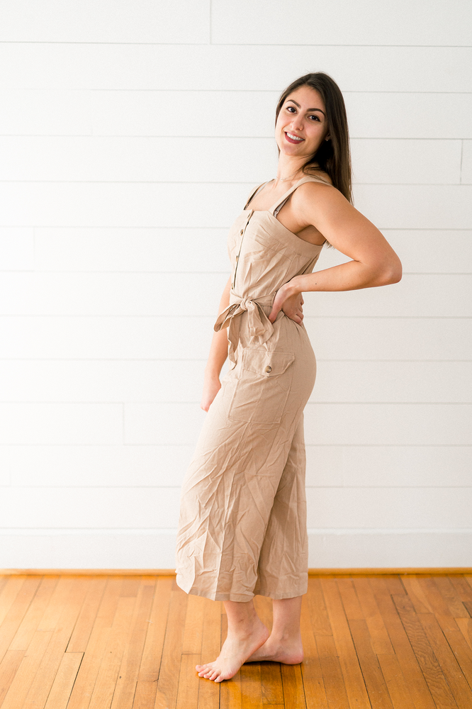 The Jenna Sawyer- Taupe Utility Button Jumpsuit