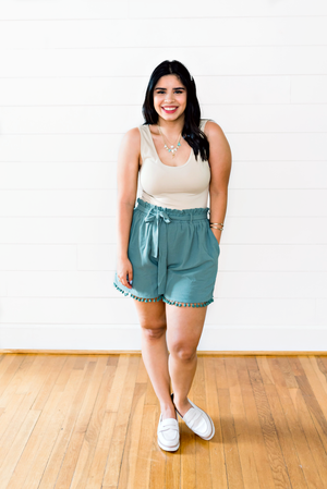 The Laura Quintero- Teal Shorts with Belted Smocked Waistline