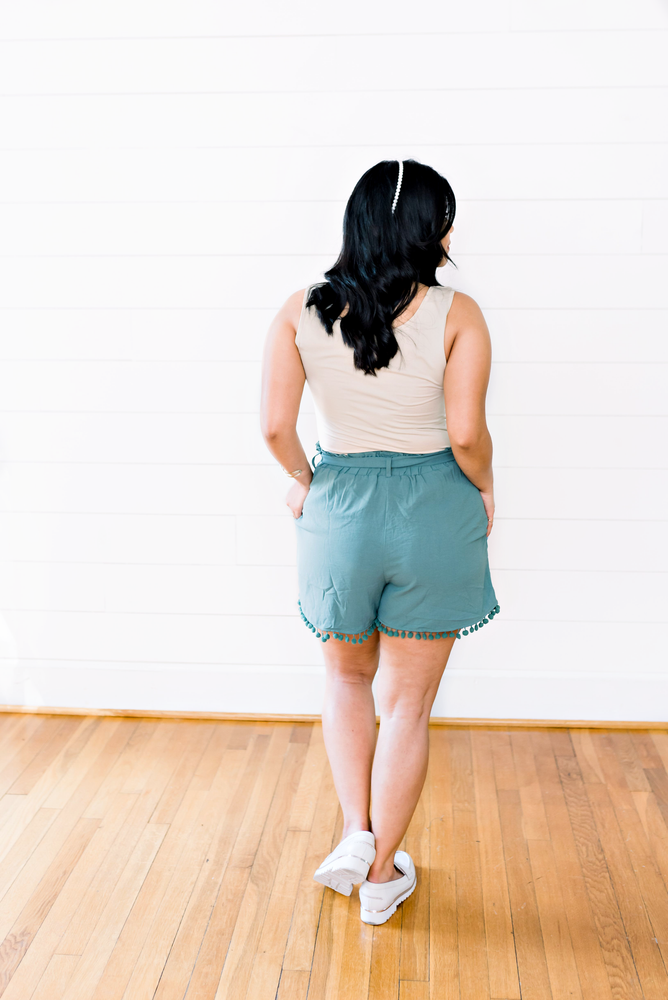 The Laura Quintero- Teal Shorts with Belted Smocked Waistline