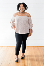 The Shyakela Lydia- Taupe Polka Dot Cold Shoulder Top- PLUS SIZE