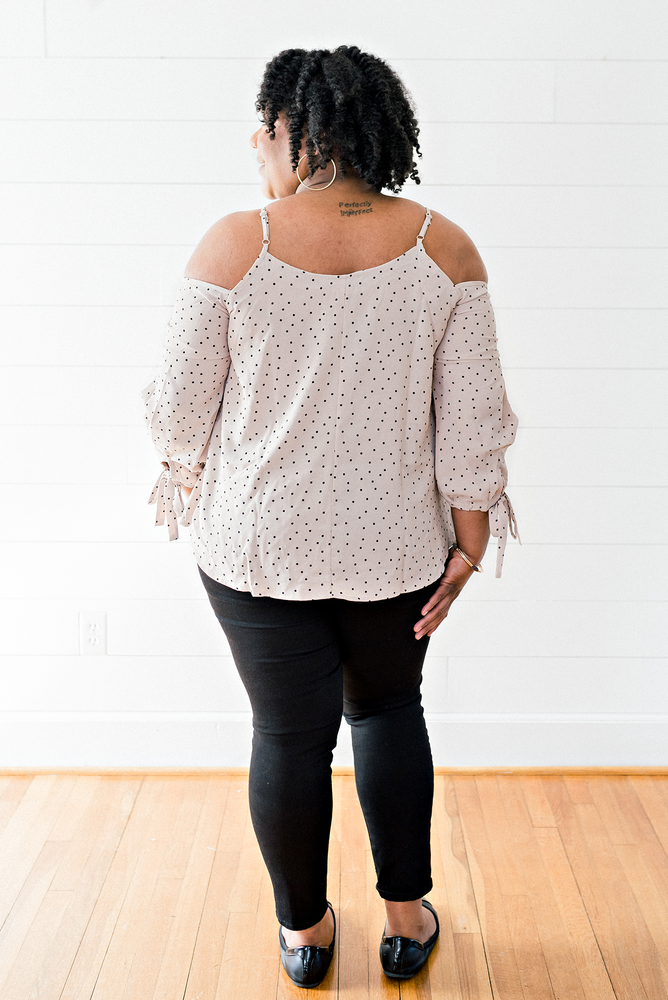 The Shyakela Lydia- Taupe Polka Dot Cold Shoulder Top- PLUS SIZE