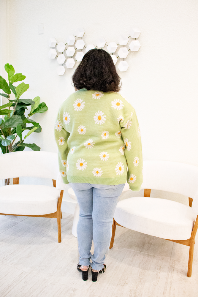 The Asia Ellington- Sage Green Sweater with Daisies