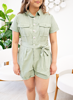 The Rachel Martino- Sage Button Up Worker Short Jumpsuit